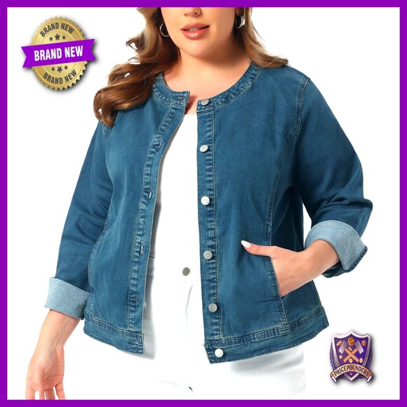 Plus Size Denim Jacket Collarless Button Down Cargo Shacket